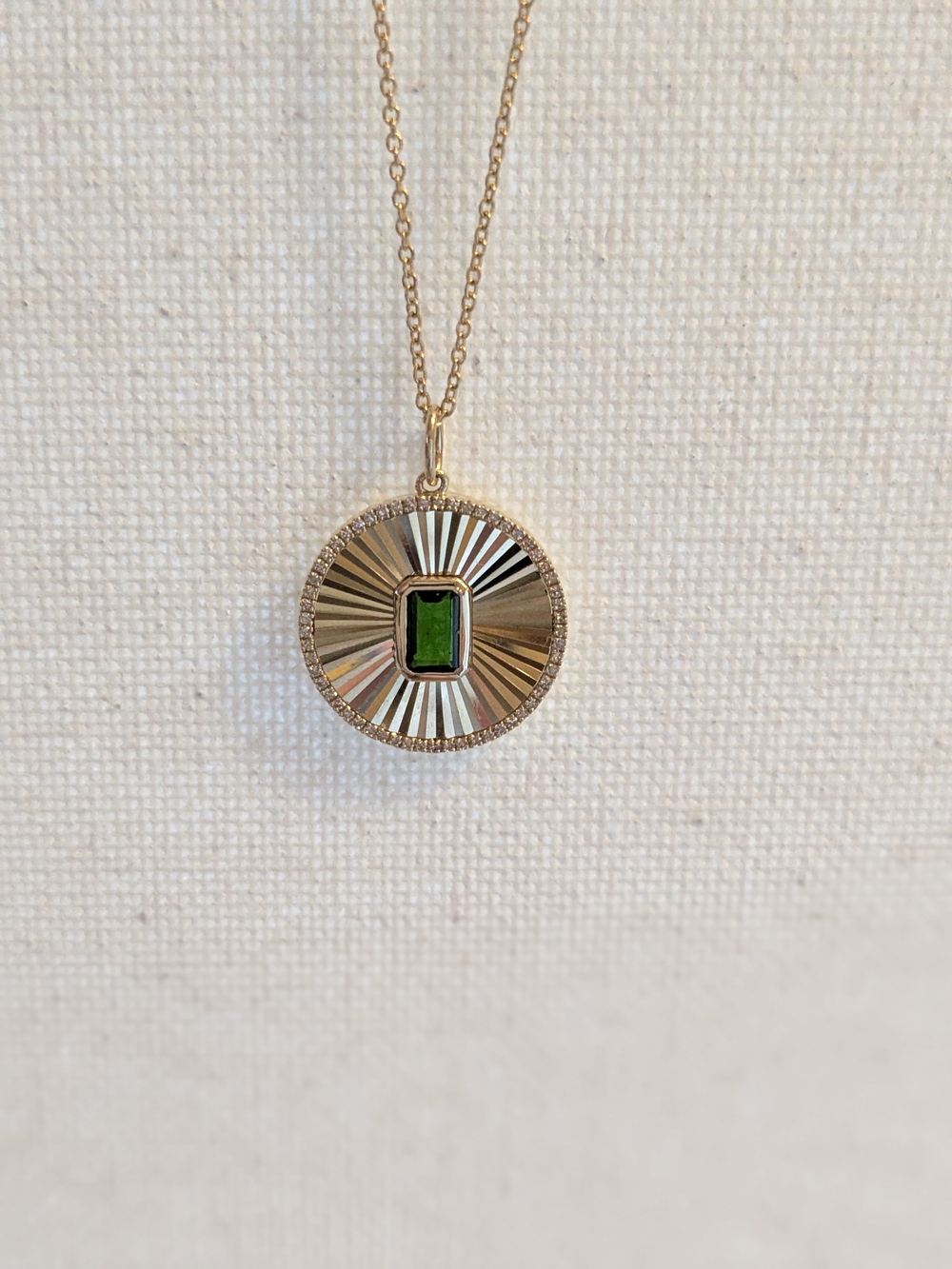 14k Gold Radiant Disk Pendant with Diamonds And Green Tsavorite Stone